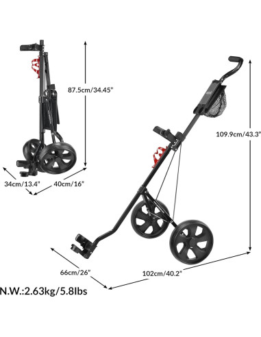 Carro de Golf Plegable Caddytek CaddyLite 5.8 - 2 Ruedas, Ligero y Ergonómico