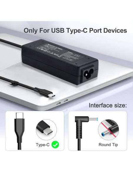 Cargador USB-C 65W DMKAOLLK para Laptop HP y Universal