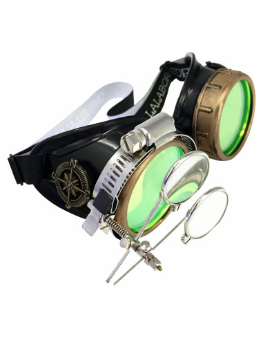 Gafas Steampunk UMBRELLALABORATORY con Lentes Verdes y Lupa