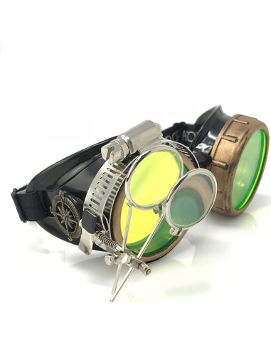 Gafas Steampunk UMBRELLALABORATORY con Lentes Verdes y Lupa