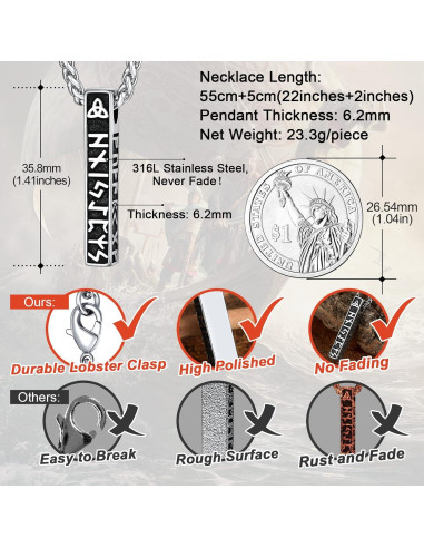 Collar de Runas Vikingas Norse FaithHeart Acero Inoxidable 40-81 cm