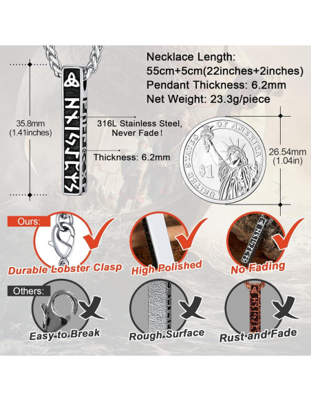 Collar de Runas Vikingas Norse FaithHeart Acero Inoxidable 40-81 cm