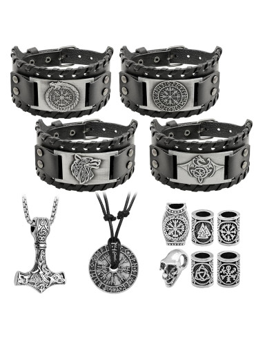 12 Pcs Pulseras Vikingas y Collares Nórdicos para Adultos