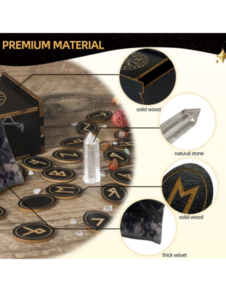 Conjunto de Runas de Madera Tirmanaz con Cristales y Guía