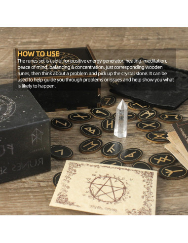 Conjunto de Runas de Madera Tirmanaz con Cristales y Guía