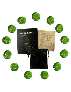 Conjunto de Runas Verdes Tirmanaz con Libro y Bolsa de Terciopelo