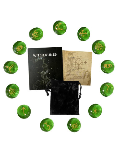Conjunto de Runas Verdes Tirmanaz con Libro y Bolsa de Terciopelo
