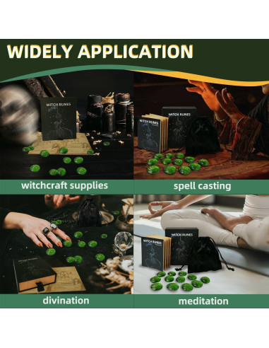 Conjunto de Runas Verdes Tirmanaz con Libro y Bolsa de Terciopelo