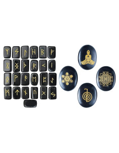 Juego de Piedras Rúnicas de Ágata Negra y Reiki - 29 Pcs
