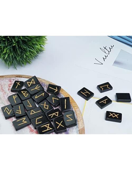 Juego de Piedras Rúnicas de Ágata Negra y Reiki - 29 Pcs