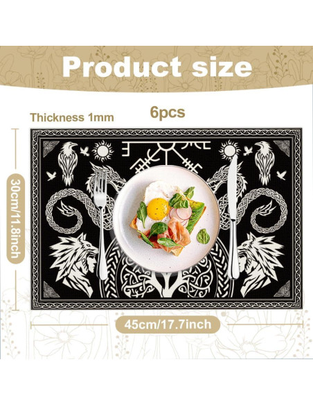 Juego de 6 Manteles Vikingos Negros WADORN 45x30 cm Lavables