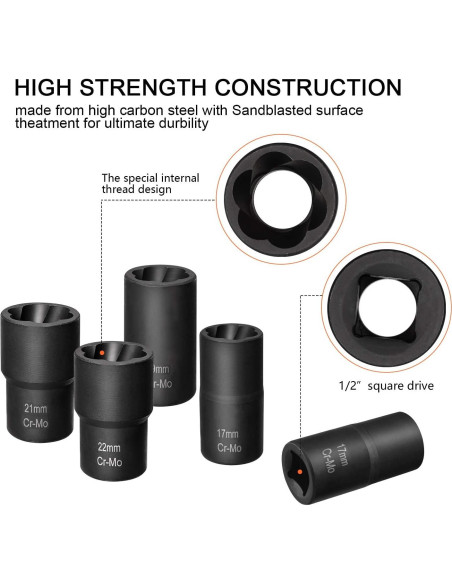 Kit de Extracción de Tuercas THINKWORK 5 Piezas 1/2"