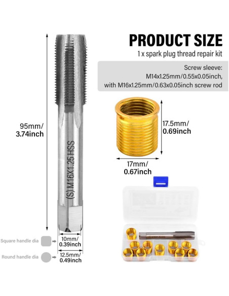Kit de Reparación de Roscas de Bujías NINEFOX M14x1.25 - 10 Piezas