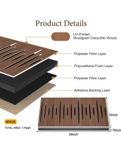 Paquete de 4 Paneles Acústicos Autoadhesivos 24x12 cm - Grano Nogal 2