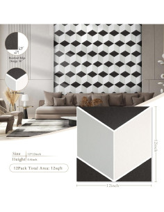 Paquete de 12 Paneles Acústicos Autoadhesivos 3D 30x30 cm Negro y Blanco 2
