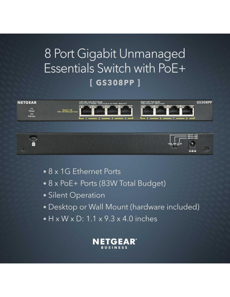 Switch Ethernet Gigabit NETGEAR GS308PP 8 Puertos PoE+ 83W