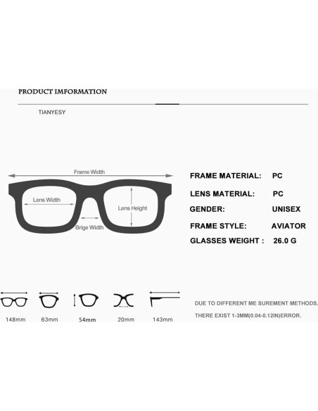 Gafas de sol aviador TIANYESY retro unisex 54x63mm