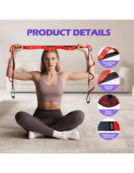 Correa de Estiramiento ROSAPOAR 200 cm con 10 Lazos para Yoga