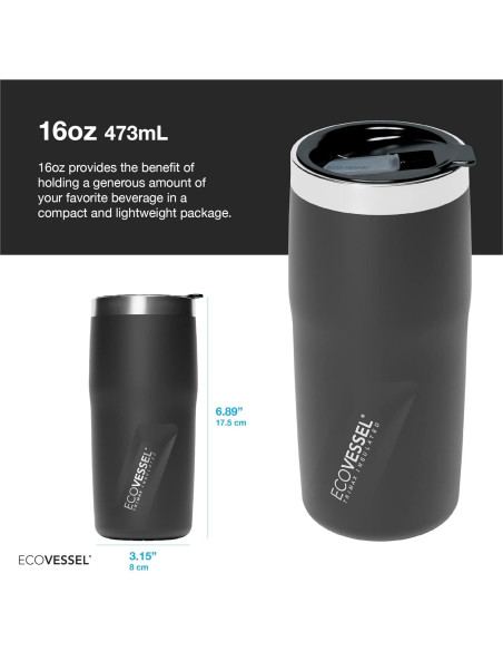 Taza Aislada al Vacío EcoVessel Metro 16 oz Acero Inoxidable