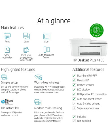Impresora Todo-en-Uno HP DeskJet Plus 4155 Inalámbrica