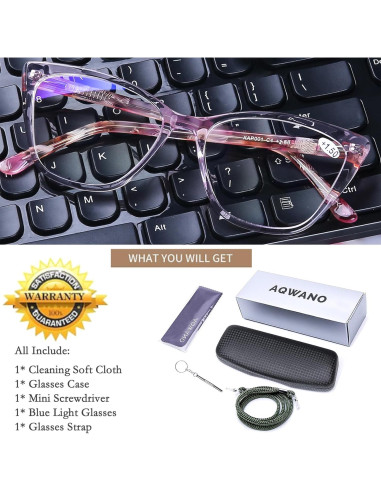 Gafas de Lectura AQWANO Ojo de Gato Rosa 2.5x Bloqueo Luz Azul