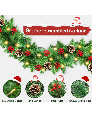 Guirnalda de Navidad JTSIOV 2.74m con Luces LED y Decoración