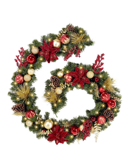 Guirnalda Navideña Pre-iluminada 2.74m Roja y Dorada con 50 Luces LED