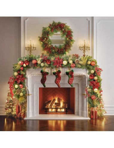 Guirnalda Navideña Pre-iluminada 2.74m Roja y Dorada con 50 Luces LED