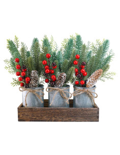Centro de Mesa Navideño Winlyn con Bandeja de Madera y 3 Macetas
