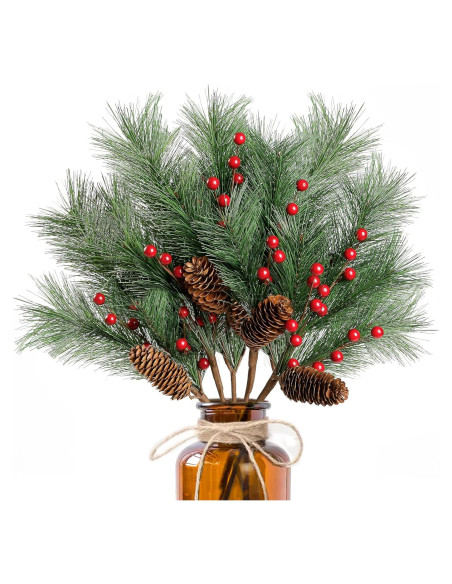 Ramas de Pino Artificial Sggvecsy 5 Piezas con Bayas Rojas 40.6 cm