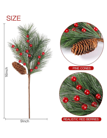 Ramas de Pino Artificial Sggvecsy 5 Piezas con Bayas Rojas 40.6 cm