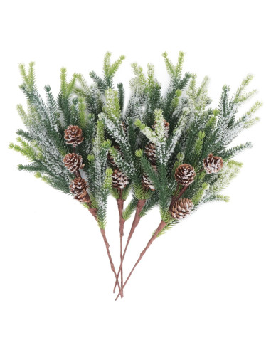 4 Ramas de Pino Ciprés Artificial Nevado Kunjocy 35.5 cm con Piñas
