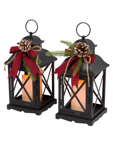 Conjunto 2 Faroles Navideños Iluminados Metal Negro 27.94 cm