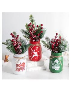 Juego de 3 Jarrones Navideños Glasseam con Flores Artificiales