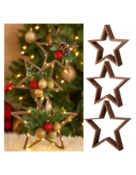 3 Piezas Centro de Mesa Estrella de Madera con LED 35 cm