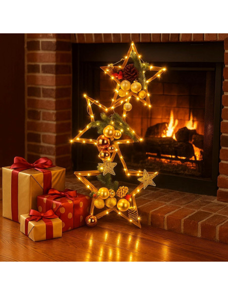 3 Piezas Centro de Mesa Estrella de Madera con LED 35 cm