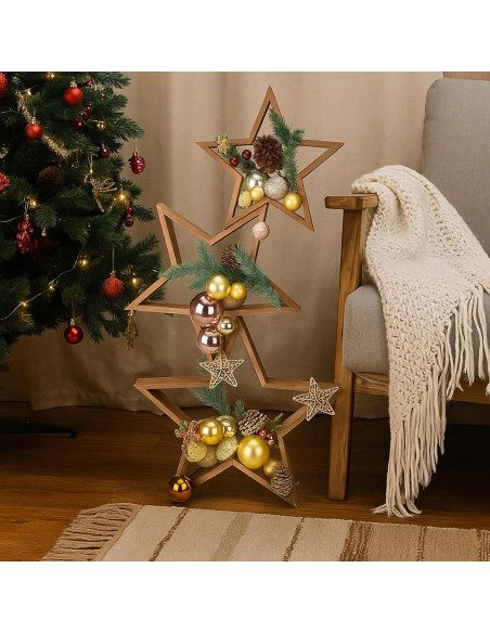 3 Piezas Centro de Mesa Estrella de Madera con LED 35 cm
