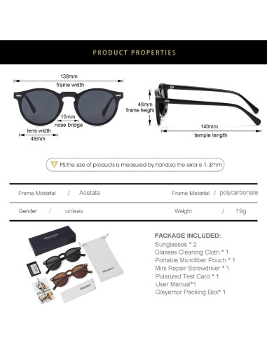 Gleyemor Gafas de Sol Polarizadas UV400 Redondas Unisex