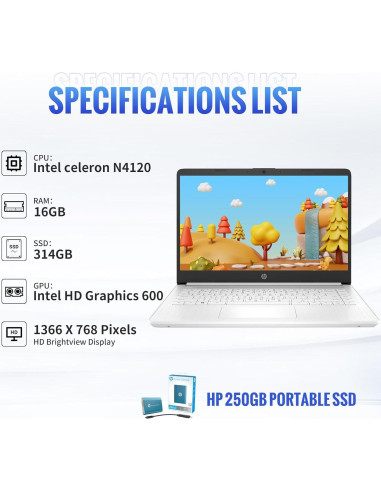 Portátil HP 14" Intel Celeron 16GB RAM 64GB SSD Blanco