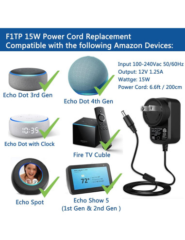 Cable de Alimentación F1TP 15W para Echo Dot y Show 5