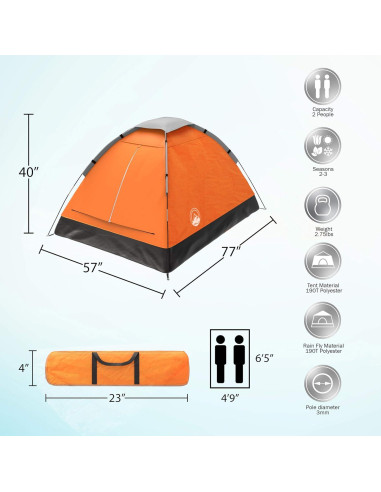 Carpa de Camping Wakeman para 2 Personas Impermeable Naranja