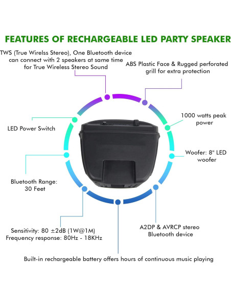Altavoz Bluetooth Technical Pro 8" 1000W con Ventilador LED