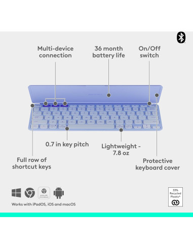 Teclado Bluetooth Logitech Keys-To-Go 2 Ultra Portátil Lila