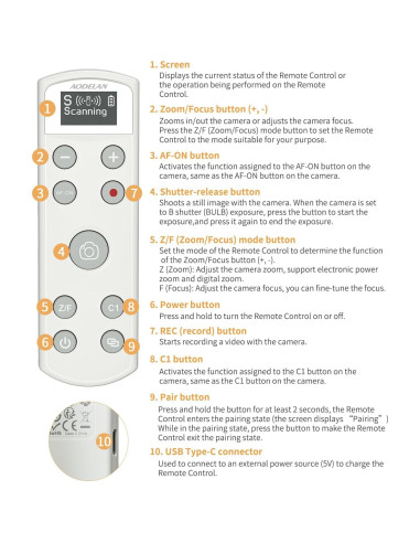 Control Remoto Inalámbrico Aodelan para Cámara Sony ZV-E10, FX3