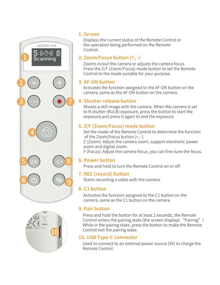 Control Remoto Inalámbrico Aodelan para Cámara Sony ZV-E10, FX3