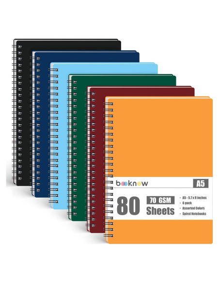 6 Cuadernos Espirales A5 Rayados Koogel Multicolor Impermeables