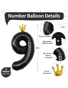Globo Número 9 Negro de 101,6 cm para Fiestas de Cumpleaños 2