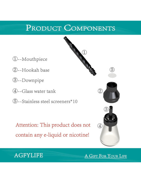 Hookah Portátil AGFYLIFE Mini de Vidrio y Aluminio Negro