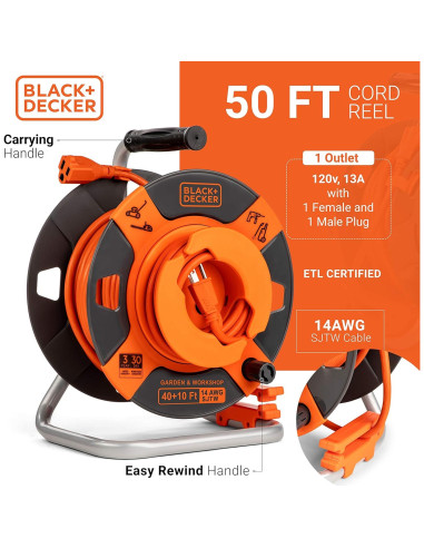 Carrete de Cable de Extensión Retráctil 15.24m BLACK+DECKER