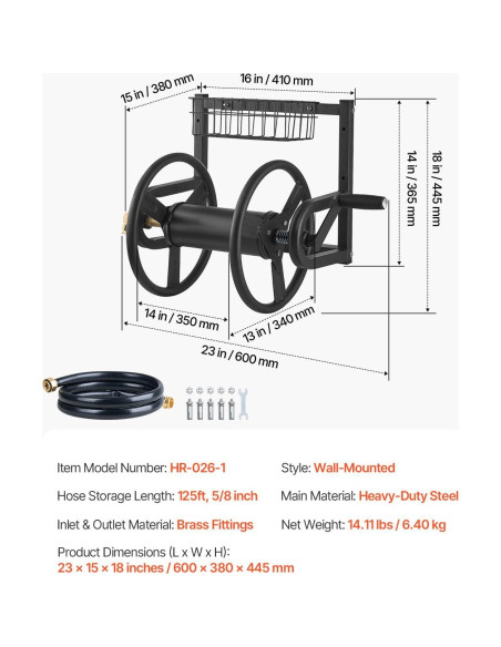 Carrete de Manguera de Jardín VEVOR 125 pies Montado en Pared
